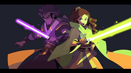 flat vector art, Jedi with green lightsaber, yellow and purple colors, brother and sister