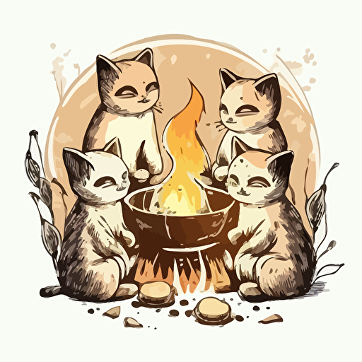 some cats perform a ritual around the bonfire focus on cat, vector, simple illustration, contour, white background
