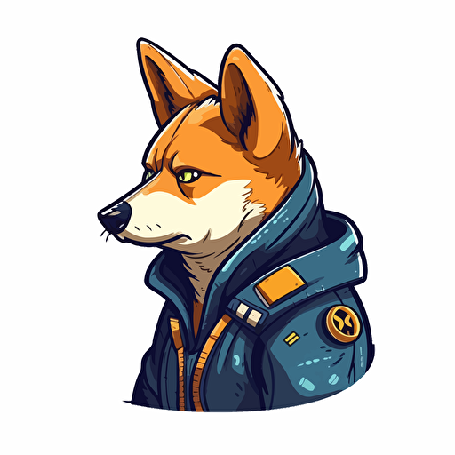 2/3 left side profile shot, cartoon 2d, Shiba Inu SCI-FI outfit, blue eyes, cartoon anime, dark vibrant colors, white background, Vector illustration,