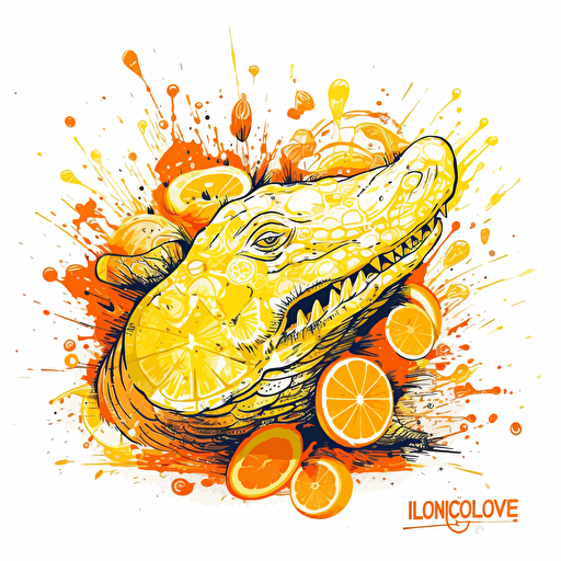 Design logo, explosion of lemons, with a crocodile in center, yellow and orange color palette, white background, drawing, universal, 4h, hd, vectoriel, delicate curves, ultra high detailed