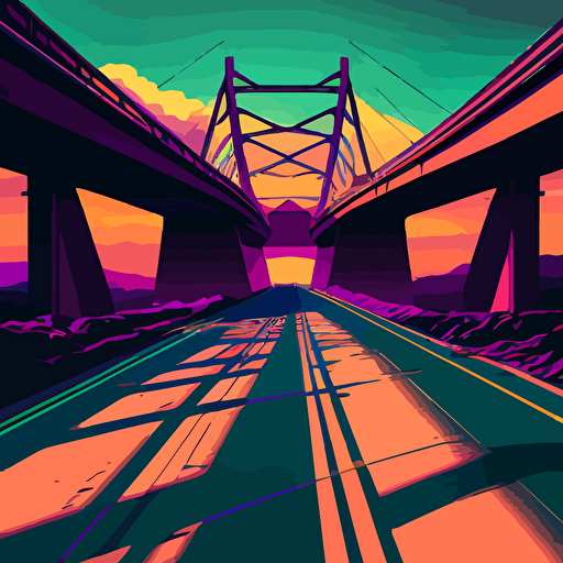 a bridge , flat landscape, digital art, vector, long shadow, 45 degree point of view, by Grant Riven Yun , synthwave colors