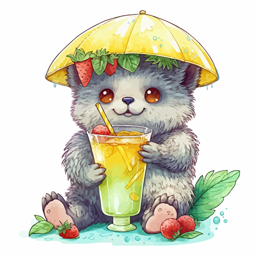 cute creature with a glass of lemonade, summer highly detailed colorful, vector art, white background, ghibli studio style