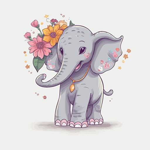 elephant with flowers, detailed, cartoon style, 2d clipart vector, creative and imaginative, hd, white background