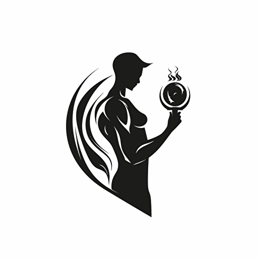 minimalistic logo, abstract earth with oracle figure holding a torch, black on white, vector style
