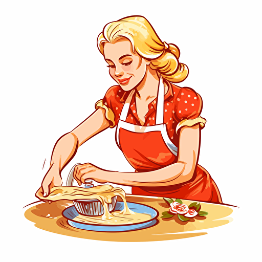 sketch drawing of ukrainian blonde girl working as a pizza maker. Very simple vector art, flat colors.