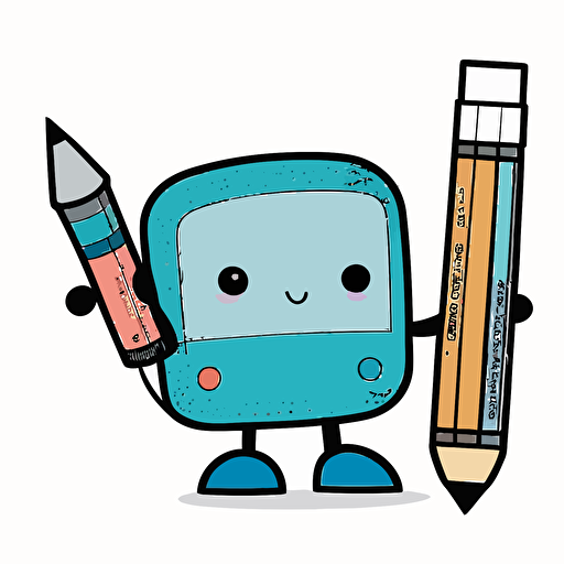 draw a 2D vector, cartoon, cute, happy robot, a simple drawing, in color but bordered with a black line, flat drawing and without details on a white background.
