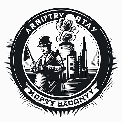 a factory anniversary theme logo, 2D, black and white, including 2 factory workers, some tools, vector tracing