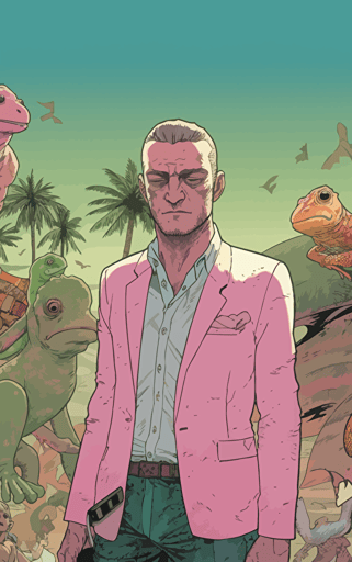 flat vector book cover design by frank quitely showing painted wallpaper hawaii background to a pink anthropomorphic gecko salesman wearing a battered worn suit
