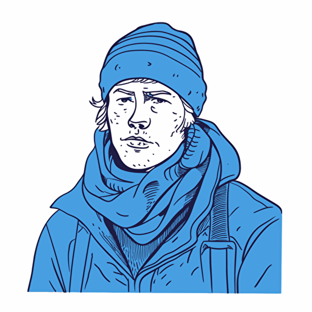 A man with a red nose, in a blue scarf, has a cold. Outline simplified, stylized cartoon illustration for children. with vector fills. concise, minimalistic rendering