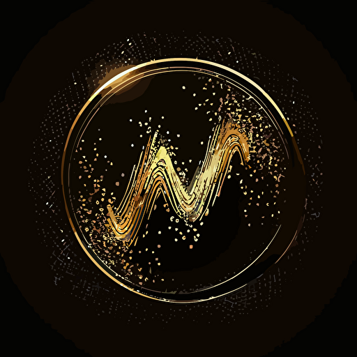 minimalist logo that is a circle with golden borders vector logo, black background, two letter M forming an audio wave made of particles inside the circle