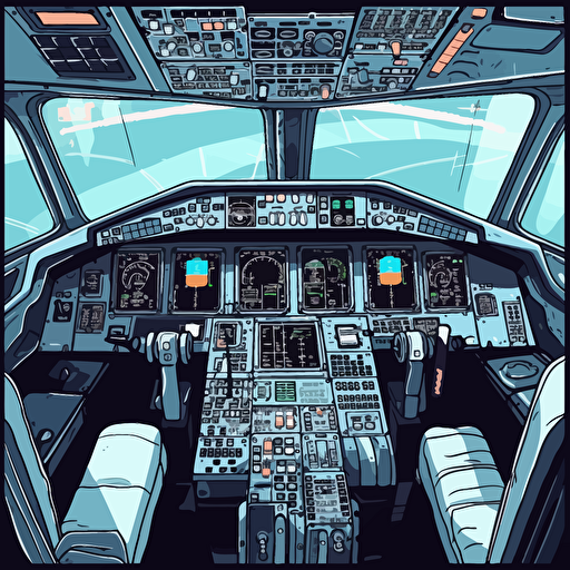 a cockpit of a Boeing 747 with a futuristic industrial robot controling the airplane. Vector style for storyboard