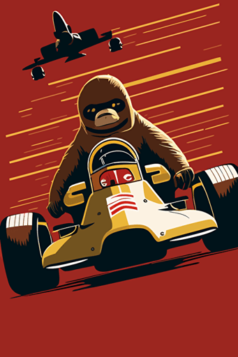 sloth on a F1 formula car, driving fast, minimalistic vector art,