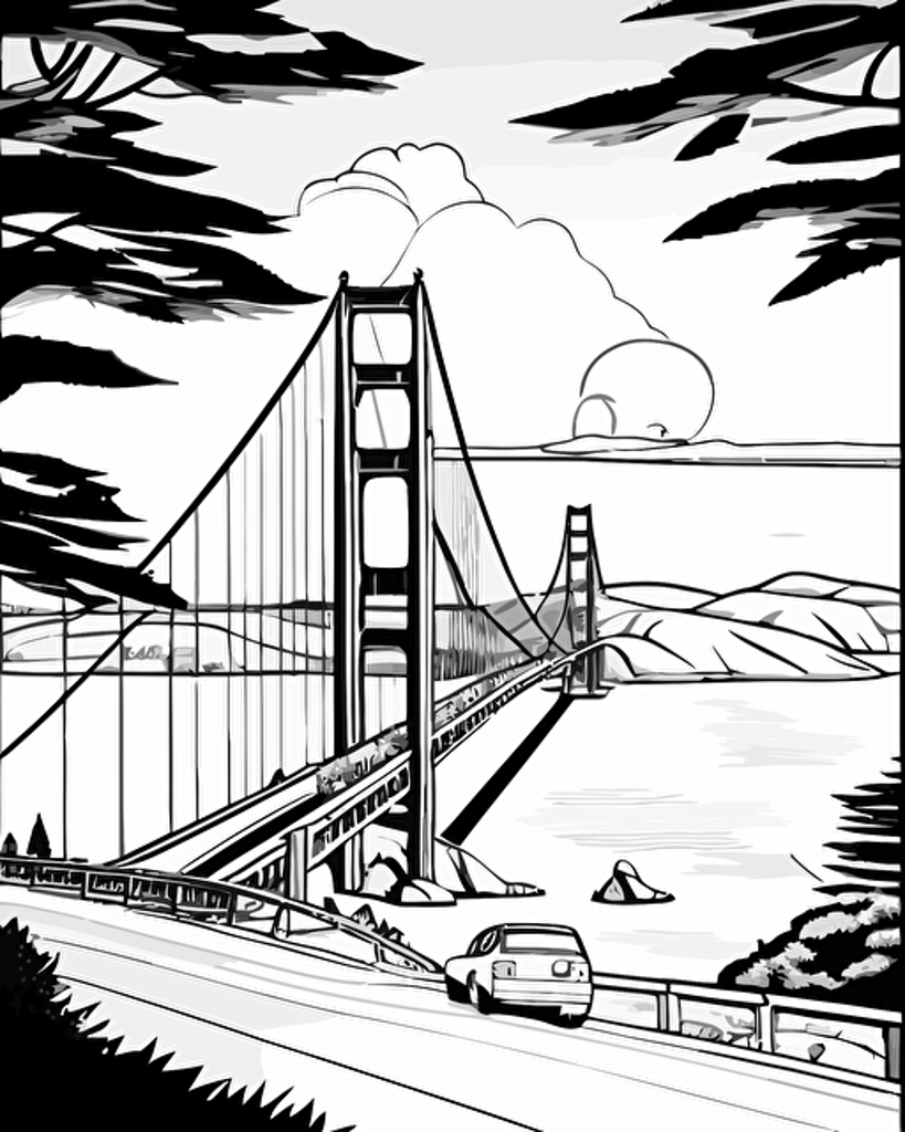 coloring page for children, Golden Gate Bridge and a view of North Bay, black and white comic book flat vector, white background