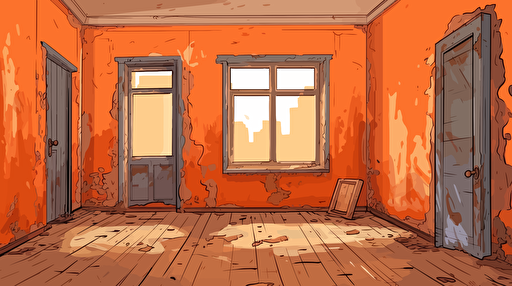 vector illustration, old decrepit bare orange wall in an empty room, 2d animation, anime, vector image