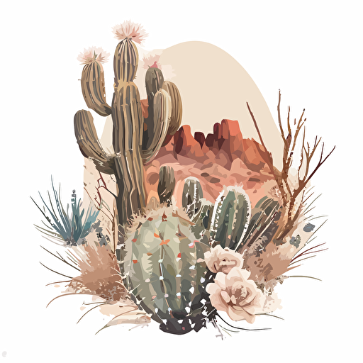 A boho style drawn cactus with a desert behind it on a white background vector image