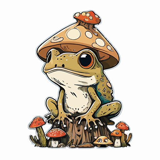 cute frog with toad stools, Sticker, Adorable, Textured, Minimal, Contour, Vector, White Background, Detailed