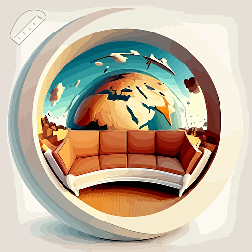 a modern sofa standing above the big world. fisheye lens effect, vectorel design, colored and white background