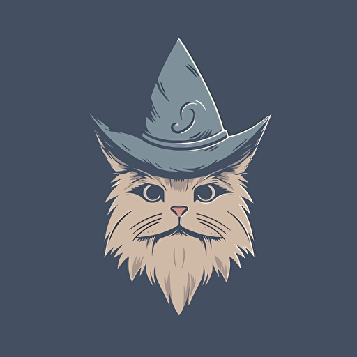 logo design, flat 2d vector logo of acat in pointed hat, muted grey and blue colors, 80s, gandalf-inspired