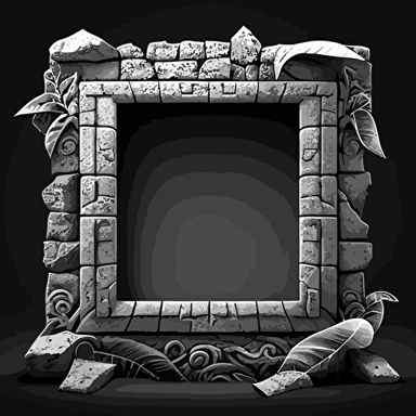 UI border, square, with cracked stone texture, white, with vector mayan designs aroudn the edges, vines growing down the sides, cracked stones coming out of the border, black and white