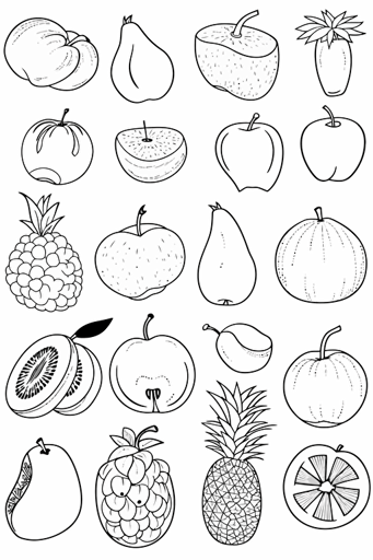 colouring book for kids, various fruits separated by space, cartoon style, vector, little detail, no shadow, black and white, white background