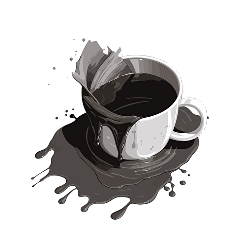 grayscale simple vector image of coffee cup lying on its side with a small pool of coffee that has spilled out