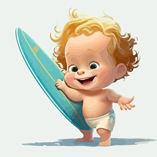 A gorgeus baby surfer, smiling, white background, vector art , pixar style
