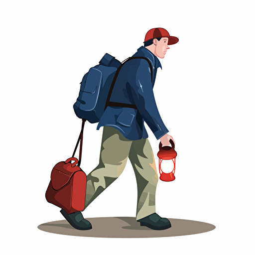 Vector cartoon of a field engineer donning a white hard hat, dark blue jacket, and work shoes, gripping a flashlight that illuminates the far distance, accompanied by a red bag hanging from his arm. White Background. Vector cartoon.