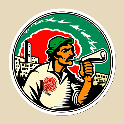 vector round sticker Italian terrorist from the 70s, stylized with a gun in his hand propaganda