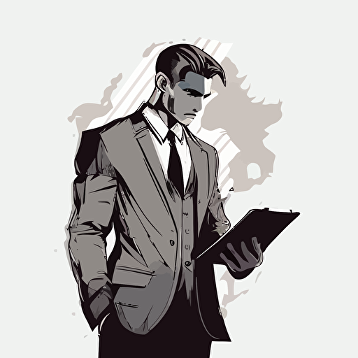 2d vector art, man using a suit holding a tablet and looking at it