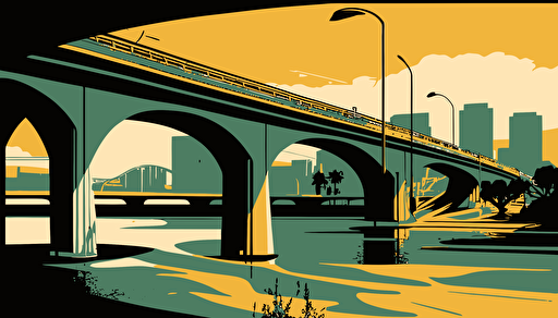 downtown los angeles, la river, bridge, painted as shapes, minimal, low detail, vector art,