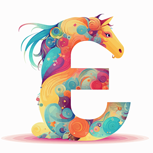 The letter "e" made from cheerful logo, with unicorn, vector style, cartoon, mandalacolor,white background,2d