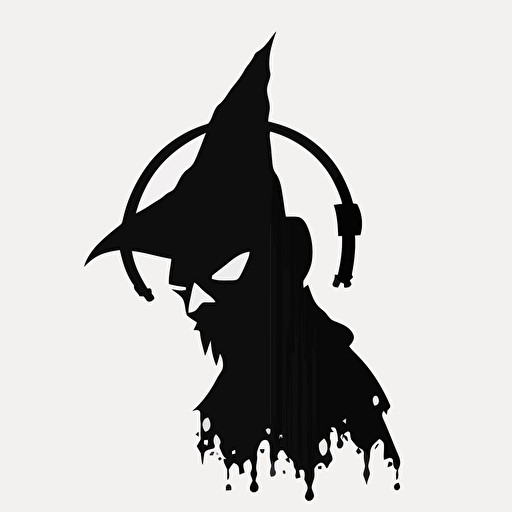 minimalistic iconic logo of jolly wizard wearing headphones, black vector, on white background
