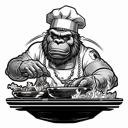 gorilla with a baseball cap and gold chain , cooking burgers on a chargrill wearing a keeper ring , in black and white vector style , twitch emote