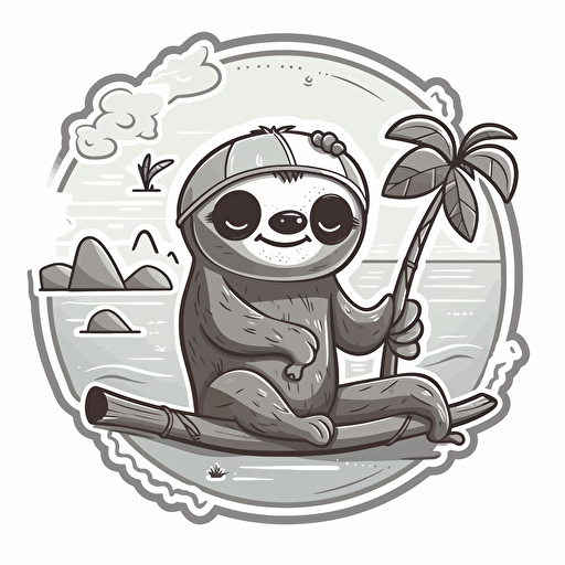 a cute summer sticker showing a sloth on the beach, childish monochromatic vector in white background