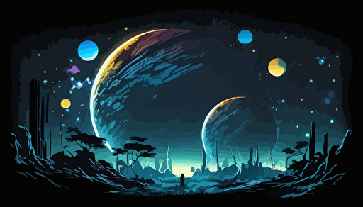 night sky with huge planets,wide angle,comic,anime style,vector,