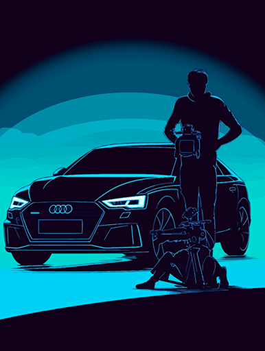 An action camera captures a low angle shot of Nolan's Batman sitting in a 2023 audi a5 sportback and Rococo neon light,vector illustration, silhouette of a person extreme sports, dynamic posture