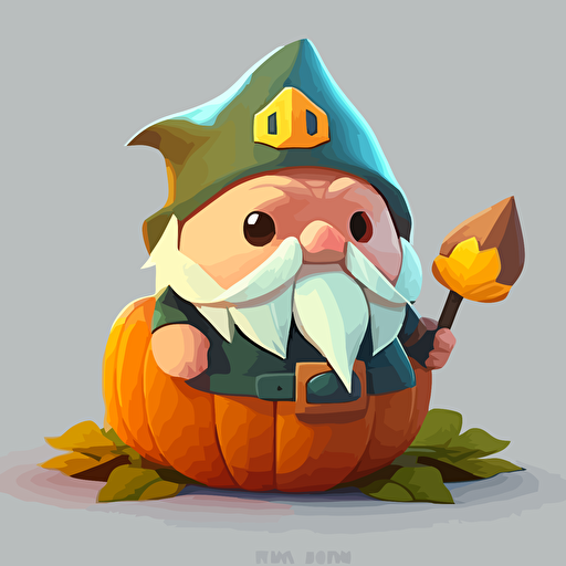 cute garden gnome sitting on a pumpkin, glow, backgroundless,white background,2d,vector,asset,props,sprite ,cartoon,toon,Dofus