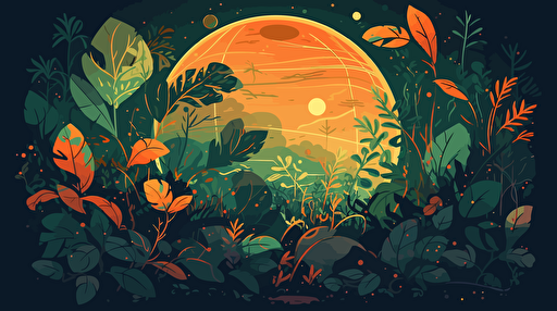 a newly discovered jungle planet, floating in space, hazy atmosphere, orange and green colors, vibrant, strange plants dotting the planet's surface, flat vector illustration, as seen from space