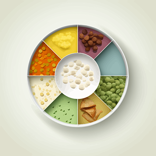 Minimalist vector illustration of indian food plate. Top perspective closeup on a white table. Strong light and shadow. Use only 6 colors. Style of Malika Favre and Owen Davey