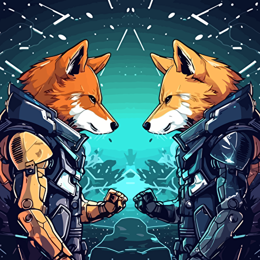 army fight between shiba inu cyber punk and fox dark shiba inu outfit battle, galaxy explose, anime background, vector