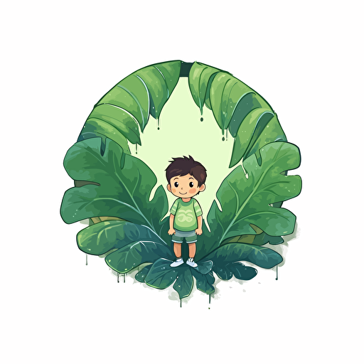 vector logo design, kid hiding in a big green leaf, cute drawing, green colors, Thomas Rohlfs style
