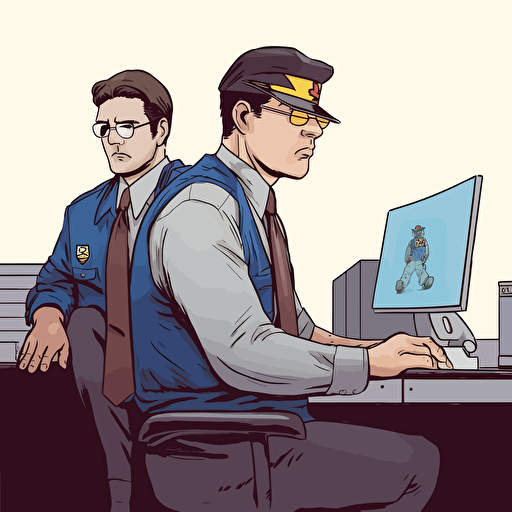clark kent and security guard with a hat, concept art, vector drawing, sitting down in front of a computer, two people, security guard looking over shoulder