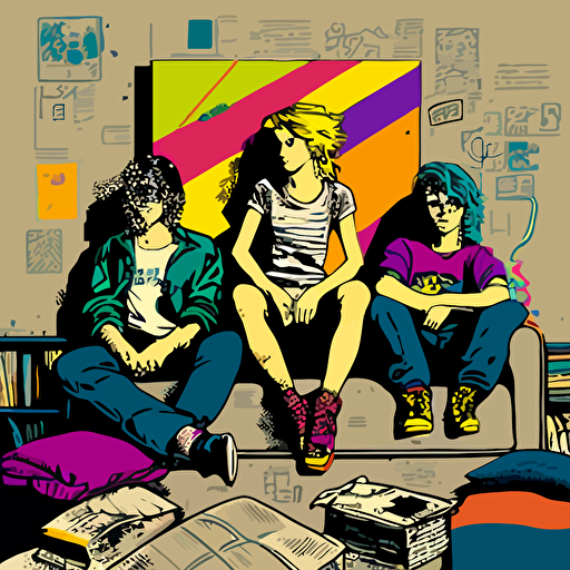 3 young, in the ´90, sitting on a couch. The room is messy, there are clothes thrown on the floor. The walls have posters of rock bands. There is a shelf with stacked records. vector geometric Simple Lineart