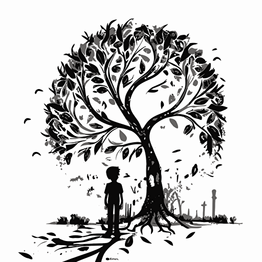 Tall and skinny tree, with branches that twisted and turned in every direction. Black and White vector illustration. Also a little boy looking up at the tree. Cheerful image with magical fruit around.