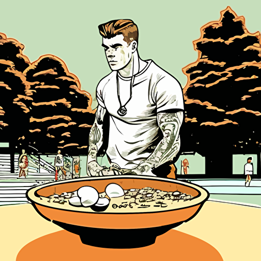 gta san andreas style drawing of a young man standing on center of a playground and eating cereals from bowl, digital drawing, vector, hd