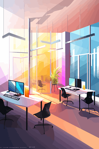 A modern open-concept office space, collaborative workstations, sleek furniture, natural light, Adobe Illustrator, Wacom tablet, morning. Vector illustration, RGB color mode.