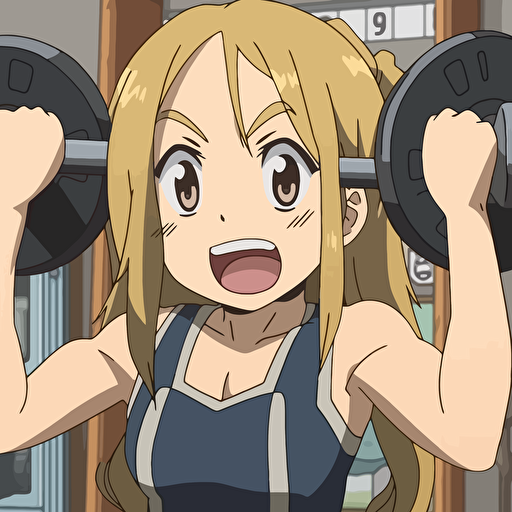 Mugi from K-ON anime manga wearing SDB GEAR doing powerlift overhead press in the style of K-on anime, face displayed a strained expression, sweat dripping from the furrowed brow, and tongue lolling out in exertion, empty background
