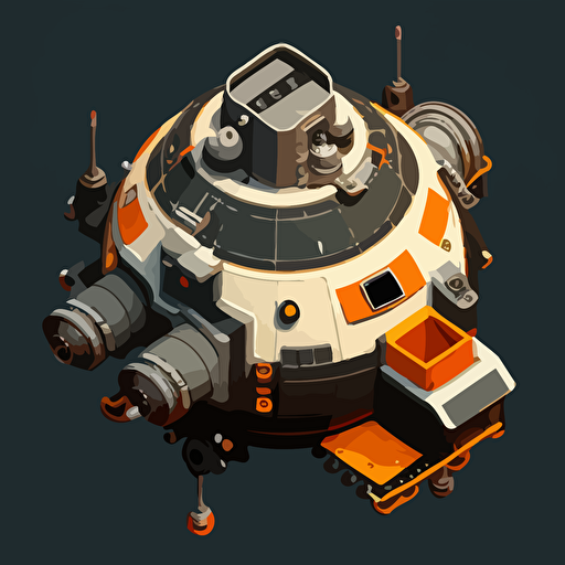 heavy duty space probe, round, vector, simple, top down, isometric, orange and grey, black background