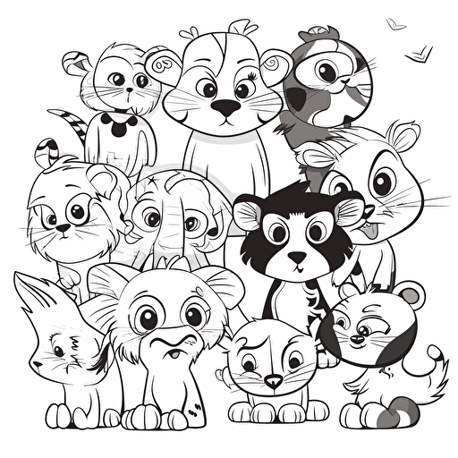 Jungle animals, such as tigers, monkeys, and parrots, big cute eyes, pixar style, simple outline and shapes, coloring page black and white comic book flat vector, white background