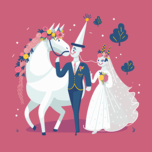 Vector art of a unicorn dressed as a bride and a unicorn dressed as a groom, in the style of Britta Teckentrup illustrations